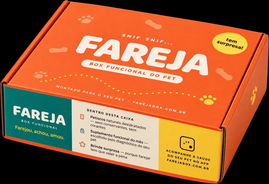 Caixa FAREJA laranja, com a lista do que vem dentro impressa na lateral